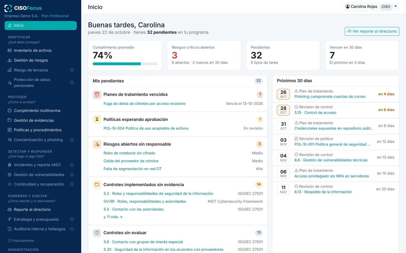 Panel principal de CISOFocus: indicadores de cumplimiento, riesgos críticos, pendientes y vencimientos de los próximos 30 días, con el menú organizado por el ciclo del CISO.